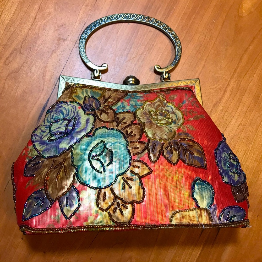 Gorgeous Vintage Evening Clutch Bag With Metal Strap Colorful Showstopping Boho - Picture 2 of 8